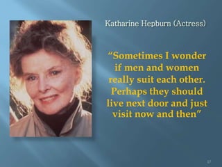 Katharine Hepburn (Actress)
“Sometimes I wonder
if men and women
really suit each other.
Perhaps they should
live next doo...