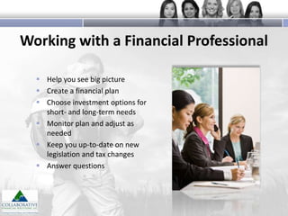 Working with a Financial Professional
 Help you see big picture
 Create a financial plan
 Choose investment options for
short- and long-term needs
 Monitor plan and adjust as
needed
 Keep you up-to-date on new
legislation and tax changes
 Answer questions

 