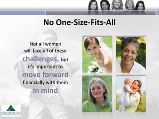 No One-Size-Fits-All
Not all women
will face all of these

challenges, but
it's important to

move forward
financially with them

in mind

 