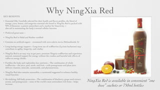 Why NingXia RedKEY BENEFITS	

• Essential Oils: Carefully selected for their health and ﬂavor proﬁles, the blend of
orange, yuzu, lemon, and tangerine essential oils found in NingXia Red is packed with
93% d-limonene- a potent antioxidant and a marker for bioactivity- t
also aid in maintaining the body’s normal cellular function	

• Preferred great taste—
• NingXia Red is Halal and Kosher certiﬁed
• Contains no artiﬁcial sugars - sweetened with zero-calorie stevia (Rebaudioside A)
• Long-lasting energy support—Long-term use of wolfberries (Lycium barbarum) may
contribute to agility, longevity, and vitality.
• NingXia Red is an easy way to get pure, premium Ningxia wolfberries and experience
natural, sustained support for energy without the crashes and harmful side effects of
coffee or energy drinks.	

• Fortiﬁes the body and replenishes key nutrients—The combination of whole
wolfberries—the juice, peel, seeds, and fruit—with pomegranate and plum juice
delivers vitamins, minerals, carotenoids, and phytonutrients.
• NingXia Red also contains zeaxanthin, a carotenoid suggested to enhance healthy
visual function.	

• Revitalizing, full-body protection—The combination of blueberry, grape seed extract,
aronia, and pomegranate—some of the world’s most antioxidant-rich fruits—helps
increase
NingXia Red is available in convenient “one
dose” sachets or 750ml bottles
 