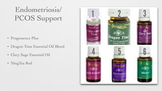 Endometriosis/
PCOS Support
• Progessence Plus 	

• Dragon Time Essential Oil Blend	

• Clary Sage Essential Oil	

• NingXia Red
 