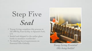 Step Five	

Seal
• Young Living completes this process in
107,000 Sq Foot facility in Spanish Fork,
UT.	

• Sealed and shipped in the amber glass
bottle to members worldwide!	

• No labelling laws/requirements on
Essential Oils Globally
Young Living Essential 	

Oils being bottled
 