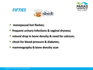 30Copyright © 2014 Paras Hospitals. All rights reserved.
FIFTIES
 menopausal hot flashes;
 frequent urinary infections &...