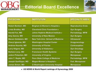    US NEWS & World Report rankings of Gynecology 2009 Editorial Board Excellence PHYSICIAN INSTITUTION SPECIALTY AREA Robert Barbieri, MD Brigham & Women’s Hospital  Reproductive Endo Linda Bradley, MD Cleveland Clinic Foundation  Gyn Surgery Harold Fox, MD Johns Hopkins Medical Institute  Perinatology, MFM Amy Garcia, MD University of New Mexico Gyn Surgery Steven Goldstein, MD New York Univ. School of Medicine Ultrasound Cheryl Iglesias, MD Washington Hospital Center Urogynecology Andrew Kaunitz, MD University of Florida Contraception Larry Kilgore, MD University of Alabama  Gyn Oncology Barbara Levy, MD Franciscan Health Systems Gyn Surgery JoAnn Pinkerton, MD University of Virginia Menopause John T. Repke, MD Penn State College of Medicine Perinatology, MFM Joseph Sanfilippo, MD Magee-Women’s Hospital  Fert, Menopause James Simon, MD G Washington University Hospital Menopause  
