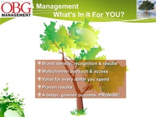 OBG Management  What’s In It For YOU? Brand identity, recognition & results Multichannel outreach & access Value for every dollar you spend Proven results A better, greener outcome, PROMISE! 