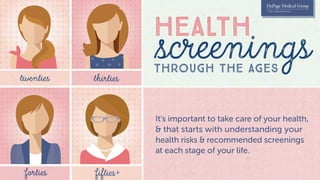 screeningsthrough the ages
health
twenties thirties
forties ﬁfties+
It’s important to take care of your health,
& that starts with understanding your
health risks & recommended screenings
at each stage of your life.
 
