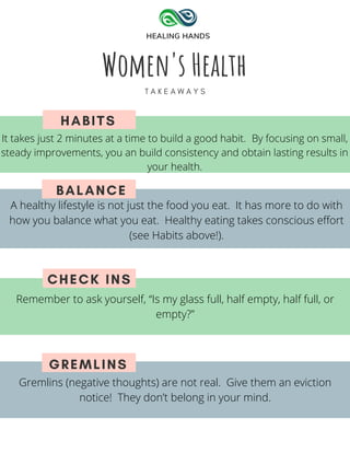 Women's Health
T A K E A W A Y S
HABITS
BALANCE
CHECK INS
GREMLINS
It takes just 2 minutes at a time to build a good habit. By focusing on small,
steady improvements, you an build consistency and obtain lasting results in
your health.
A healthy lifestyle is not just the food you eat. It has more to do with
how you balance what you eat. Healthy eating takes conscious effort
(see Habits above!).
Remember to ask yourself, “Is my glass full, half empty, half full, or
empty?”
Gremlins (negative thoughts) are not real. Give them an eviction
notice! They don’t belong in your mind.
 