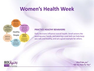 Women’s Health Week
PRACTICE HEALTHY BEHAVIORS
Daily decisions influence overall health. Small actions like
washing your hands, and wearing a seat belt can help keep
you safe and healthy, and set a good example for others.
 