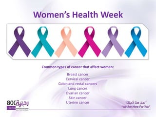 Women’s Health Week
Common types of cancer that affect women:
Breast cancer
Cervical cancer
Colon and rectal cancers
Lung cancer
Ovarian cancer
Skin cancer
Uterine cancer
 