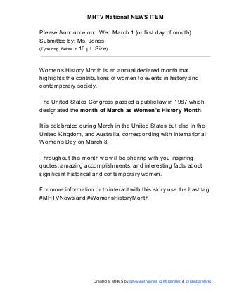 MHTV National NEWS ITEM
Please Announce on: Wed March 1 (or first day of month)
Submitted by: Ms. Jones
(Type msg. Below i...