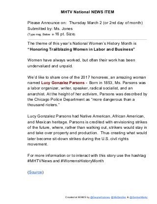 MHTV National NEWS ITEM
Please Announce on: Thursday March 2 (or 2nd day of month)
Submitted by: Ms. Jones
(Type msg. Belo...