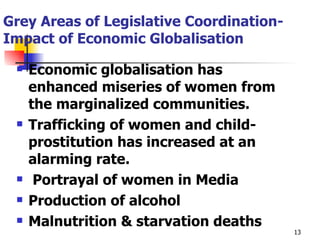 Grey Areas of Legislative Coordination- Impact of Economic Globalisation Economic globalisation has enhanced miseries of women from the marginalized communities.  Trafficking of women and child-prostitution has increased at an alarming rate.  Portrayal of women in Media Production of alcohol  Malnutrition & starvation deaths 