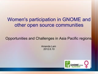 Women's participation in GNOME and
   other open source communities

Opportunities and Challenges in Asia Pacific regions.

                     Amanda Lam
                      2012.6.10
 