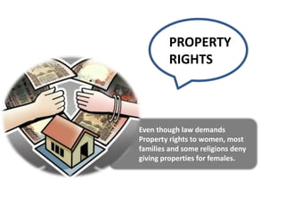 Even though law demands
Property rights to women, most
families and some religions deny
giving properties for females.
PROPERTY
RIGHTS
 