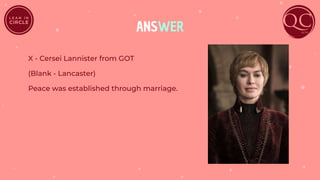 ANSWER
X - Cersei Lannister from GOT
(Blank - Lancaster)
Peace was established through marriage.
 
