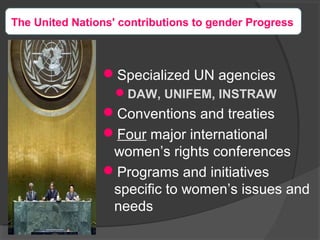 Specialized UN agencies
DAW, UNIFEM, INSTRAW
Conventions and treaties
Four major international
women’s rights conferences
Programs and initiatives
specific to women’s issues and
needs
The United Nations' contributions to gender Progress
 