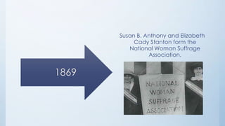 Susan B. Anthony and Elizabeth
            Cady Stanton form the
          National Woman Suffrage
                 Association.


1869
 
