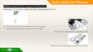 Safer India for Women
Solution A Efﬁcient Police/ Supreme Court Directives!

Directive 1: Constitute a State Security Commission (SSC) to!
!
!
!
!
!

(i) Ensure that the state government does not exercise
unwarranted inﬂuence or pressure on the police!
(ii) Lay down broad policy guidelines, and!
!

!
!
!

(iii) Evaluate the performance of the state police
The

Analysis

 