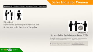 Safer India for Women
Solution A Efﬁcient Police/ Supreme Court Directives!
!
!
!
!
!

Directive 4 !
Separate the i) Investigation function and !
ii) Law and order function of the police !

EB
P

!

Directive 5 !
Set up a Police Establishment Board (PEB)
To decide transfers, postings,promotions for Deputy Superintendent of
and other service related matters
Police, and below
To recommend postings and transfers

The

Analysis

for rank above Deputy
Superintendent of Police

 