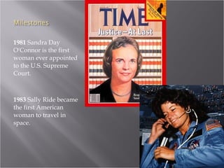 1981  Sandra Day O'Connor is the first woman ever appointed to the U.S. Supreme Court. 1983  Sally Ride became the first American woman to travel in space. 