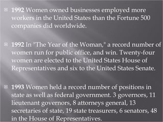 1992  Women owned businesses employed more workers in the United States than the Fortune 500 companies did worldwide. 1992  In "The Year of the Woman," a record number of women run for public office, and win. Twenty-four women are elected to the United States House of Representatives and six to the United States Senate.  1993  Women held a record number of positions in state as well as federal government. 3 governors, 11 lieutenant governors, 8 attorneys general, 13 secretaries of state, 19 state treasurers, 6 senators, 48 in the House of Representatives. 