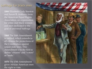 1866  Elizabeth Cady Stanton and Susan B. Anthony form the American Equal Rights Association, an organization for white and black women and men dedicated to the goal of universal suffrage.  1868  The 14th Amendment is ratified, which extends to all citizens the protections of the Constitution against unjust state laws. This Amendment was the first to define "citizens" and "voters" as "male."  1870  The 15th Amendment gives African American men the right to vote.  
