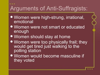 Arguments of Anti-Suffragists: 
Women were high-strung, irrational, 
emotional 
Women were not smart or educated 
enough 
Women should stay at home 
Women were too physically frail; they 
would get tired just walking to the 
polling station 
Women would become masculine if 
they voted 
 