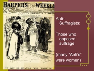 Anti-
Suffragists:
Those who
opposed
suffrage
(many “Anti’s”
were women)
 