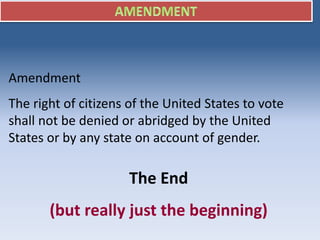 Amendment
The right of citizens of the United States to vote
shall not be denied or abridged by the United
States or by any state on account of gender.
The End
(but really just the beginning)
 