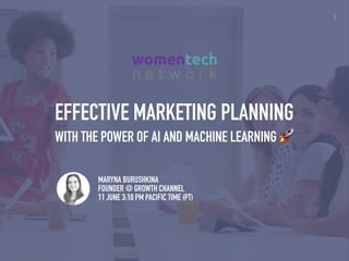 1
EFFECTIVE MARKETING PLANNING
WITH THE POWER OF AI AND MACHINE LEARNING 🚀
MARYNA BURUSHKINA
FOUNDER @ GROWTH CHANNEL
11 JUNE 3:10 PM PACIFIC TIME (PT)
 