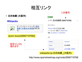 相互リンク 
北向地蔵 (大阪市) 
この番号 
http://www.openstreetmap.org/node/2666719768 
Wikipedia 
相互リンクも 
張れます 
OSM 
{{osm box|n|2666719768}} 
wikipedia=ja:北向地蔵_(大阪市) 
 
