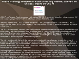 Women Technology Entrepreneurs Report Devastating Financial, Economic and
Emotional Impacts of COVID-19
(1888 PressRelease) Read more about the impacts of COVID-19 on women technology entrepreneurs in 2021
and necessary steps Women in Cloud is taking to address these challenges.
Washington - Women in Cloud, in partnership with M12, Microsoft’s venture arm, today released a report
highlighting the results of their recent survey of the impacts of the COVID-19 pandemic on women technology
entrepreneurs.
The 2021 report provides the latest data on the financial, operational and emotional effects women technology
entrepreneurs and their businesses have faced as a result of the ongoing pandemic-related lockdowns and
restrictions. This information builds upon Women in Cloud’s initial COVID-19 Impact Report, published in
2020, and provides a year-over-year comparison of the devastating blows the pandemic has dealt women
entrepreneurs, particularly those in the technology sector.
The 2021 report reveals that while the financial and operational impacts have yet to reach the 24-month
projections made by women technology entrepreneurs in 2020, ongoing restrictions could result in millions of
dollars in lost income and opportunities for women-led technology businesses. All 2021 survey respondents
reported a minimum of $10,000 in losses to date, with the majority of participants seeing $100,000 or more in
lost revenue due to operational disruptions.
“The ongoing turmoil of COVID-19 has been a mainstay in news headlines, but the major implications of the
pandemic on female founders has largely been a footnote,” said Tamara Steffens, Managing Director at M12.
“The current situation facing women-led technology businesses is urgent and dire. We must find innovative
and inclusive solutions to support women entrepreneurs. There is an incredible opportunity to improve their
access to funding and business decision makers.”
 