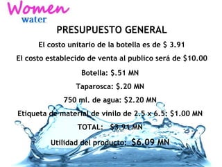 PRESUPUESTO GENERAL El costo unitario de la botella es de $ 3.91 El costo establecido de venta al publico será de $10.00 Botella: $.51 MN Taparosca: $.20 MN 750 ml. de agua: $2.20 MN Etiqueta de material de vinilo de 2.5 x 6.5: $1.00 MN TOTAL:  $3.91 MN Utilidad del producto:  $6.09 MN 