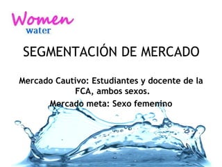 SEGMENTACIÓN DE MERCADO Mercado Cautivo: Estudiantes y docente de la FCA, ambos sexos.  Mercado meta: Sexo femenino 