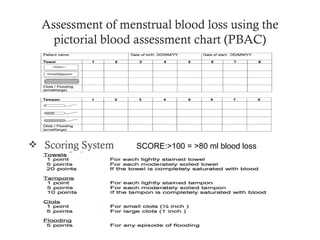 Assessment of menstrual blood loss using the
    pictorial blood assessment chart (PBAC)




 Scoring System   SCORE:>100 = >80 ml blood loss
 
