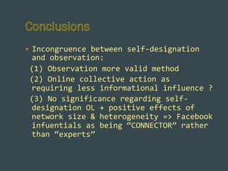 —  Incongruence	
  between	
  self-­‐designation	
  

and	
  observation:	
  
	
  (1)	
  Observation	
  more	
  valid	
  method	
  
	
  (2)	
  Online	
  collective	
  action	
  as	
  
requiring	
  less	
  informational	
  influence	
  ?	
  
	
  (3)	
  No	
  significance	
  regarding	
  self-­‐
designation	
  OL	
  +	
  positive	
  effects	
  of	
  
network	
  size	
  &	
  heterogeneity	
  =>	
  Facebook	
  
infuentials	
  as	
  being	
  “CONNECTOR”	
  rather	
  
than	
  “experts”	
  

 