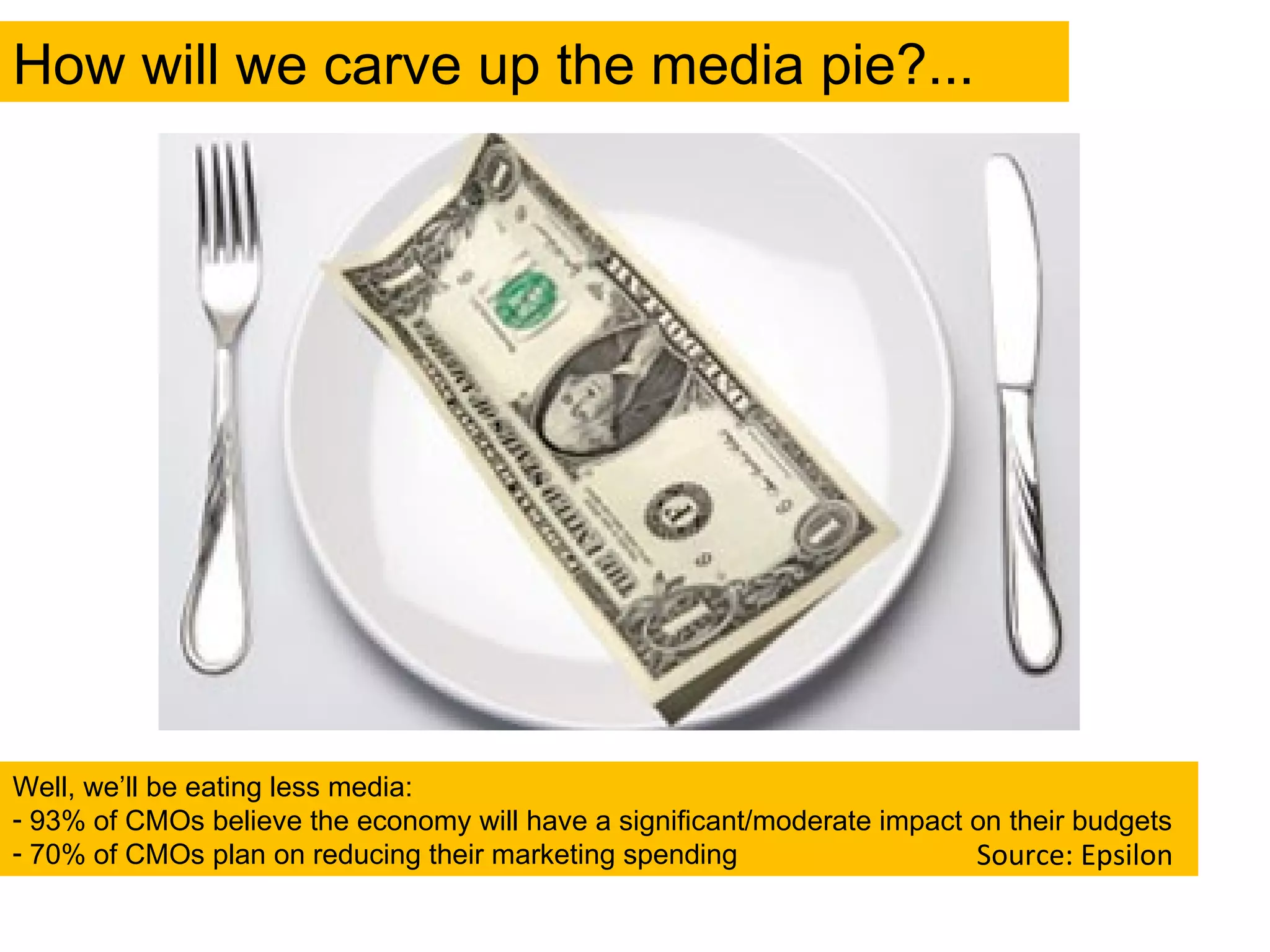 How will we carve up the media pie?... Well, we’ll be eating less media: 93% of CMOs believe the economy will have a significant/moderate impact on their budgets 70% of CMOs plan on reducing their marketing spending  Source: Epsilon 
