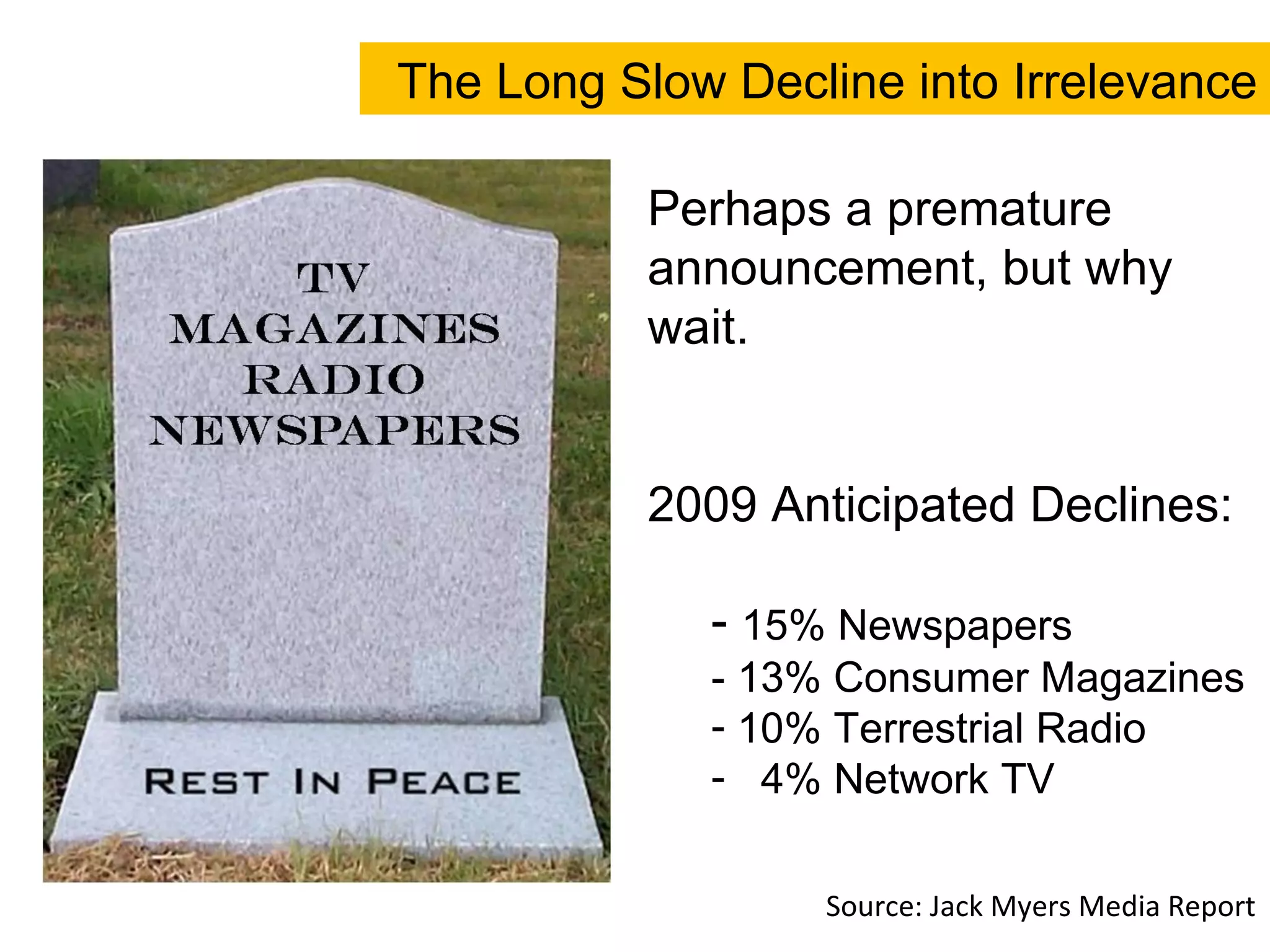 Perhaps a premature announcement, but why wait. 2009 Anticipated Declines: 15% Newspapers - 13% Consumer Magazines 10% Terrestrial Radio 4% Network TV Source: Jack Myers Media Report The Long Slow Decline into Irrelevance 