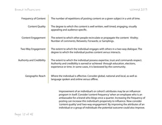 Brand Influencers
Frequency of Content
Content Quality

Content Engagement

WOMMA 2013
The number of repetitions of posting content on a given subject in a unit of time.
The degree to which the content is well written, well timed, engaging, visually
appealing and audience specific.
The extent to which other people recirculate or propagate the content: Virality;
Number of comments; Retweets; Forwards; or Samplings.

Two-Way Engagement

The extent to which the individual engages with others in a two-way dialogue. The
degree to which the individual pushes content versus interacts.

Authority and Credibility

The extent to which the individual possess expertise, trust and commands respect.
Authority and credibility is earned or achieved through education, elections,
experience or time. In some cases, it is bestowed by the community.

Geographic Reach

Where the individual is effective. Consider global, national and local, as well as
language spoken and online versus offline.

Improvement of an individual’s or cohort’s attributes may be an influencer
program in itself. Consider ‘content frequency’ when an employee who is an
ambassador for a brand who blogs once a quarter. Increasing the frequency of
posting can increase this individual’s propensity to influence. Now consider
‘content quality’ and ‘two-way engagement’. By improving the attributes of an
individual or a group of individuals the potential outcome could also improve.

Page 10 of 42

 