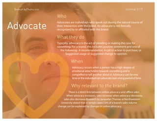 Brand Influencers

WOMMA 2013

Who

Advocate

Advocates are individuals who speak out during the natural course of
their interaction with the brand. An advocate is not formally
recognized by or affiliated with the brand.

What they do
Typically, advocacy is the act of pleading or making the case for
something. For a brand, this includes positive sentiment and one of
the following: A recommendation; A call to action to purchase; or
Suggested usage or suggested change to opinion.

When
Advocacy occurs when a person has a high degree of
emotional attachment towards something and is
compelled to tell another about it. Advocacy can be one
time or the individual can advocate over a long period of time.

Why relevant to the brand?
There is a direct link between online advocacy and offline sales.
When advocacy increases, sales increase; when advocacy decreases,
sales also decrease. Research by Jacquelyn Thomas at Northwestern
University stated that in certain cases 53% of a brand’s sales volume
change can be explained by changes in online advocacy.

 