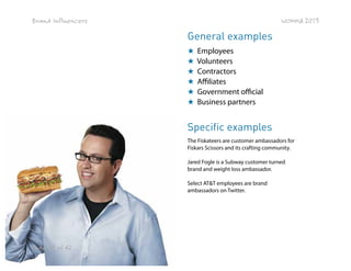Brand Influencers

WOMMA 2013

General examples
★
★
★
★
★
★

Employees
Volunteers
Contractors
Affiliates
Government official
Business partners

Specific examples
The Fiskateers are customer ambassadors for
Fiskars Scissors and its crafting community.
Jared Fogle is a Subway customer turned
brand and weight loss ambassador.
Select AT&T employees are brand
ambassadors on Twitter.

Page 29 of 42

 