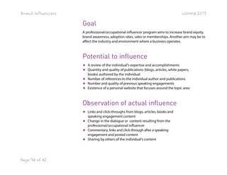 Brand Influencers

WOMMA 2013

Goal
A professional/occupational influencer program aims to increase brand equity,
brand awareness, adoption rates, sales or memberships. Another aim may be to
affect the industry and environment where a business operates.

Potential to influence
★ A review of the individual's expertise and accomplishments
★ Quantity and quality of publications (blogs, articles, white papers,
books) authored by the individual
★ Number of references to the individual author and publications
★ Number and quality of previous speaking engagements
★ Existence of a personal website that focuses around the topic area

Observation of actual influence
★ Links and click-throughs from blogs, articles, books and
speaking engagement content
★ Change in the dialogue or content resulting from the
professional/occupational influencer
★ Commentary, links and click-through after a speaking
engagement and posted content
★ Sharing by others of the individual's content

Page 34 of 42

 