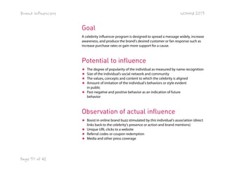 Brand Influencers

WOMMA 2013

Goal
A celebrity influencer program is designed to spread a message widely, increase
awareness, and produce the brand's desired customer or fan response such as
increase purchase rates or gain more support for a cause.

Potential to influence
The degree of popularity of the individual as measured by name recognition
Size of the individual’s social network and community
The values, concepts and content to which the celebrity is aligned
Amount of imitation of the individual's behaviors or style evident
in public
★ Past negative and positive behavior as an indication of future
behavior
★
★
★
★

Observation of actual influence
★ Boost in online brand buzz stimulated by this individual's association (direct
links back to the celebrity's presence or action and brand mentions)
★ Unique URL clicks to a website
★ Referral codes or coupon redemption
★ Media and other press coverage

Page 37 of 42

 