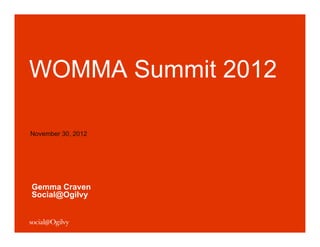 WOMMA Summit 2012

November 30, 2012




Gemma Craven
Social@Ogilvy
 