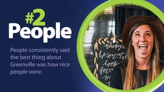 Surprise! 1 # 
People typically came 
here because they knew 
someone. But repeat 
visitors kept coming back 
because they were 
surprised by Greenville 
and all it had to offer. 
32) Surprise People typically came here because they knew someone here. But repeat visitors kept coming back because they were surprised by 
Greenville and all it had to offer. 
 
