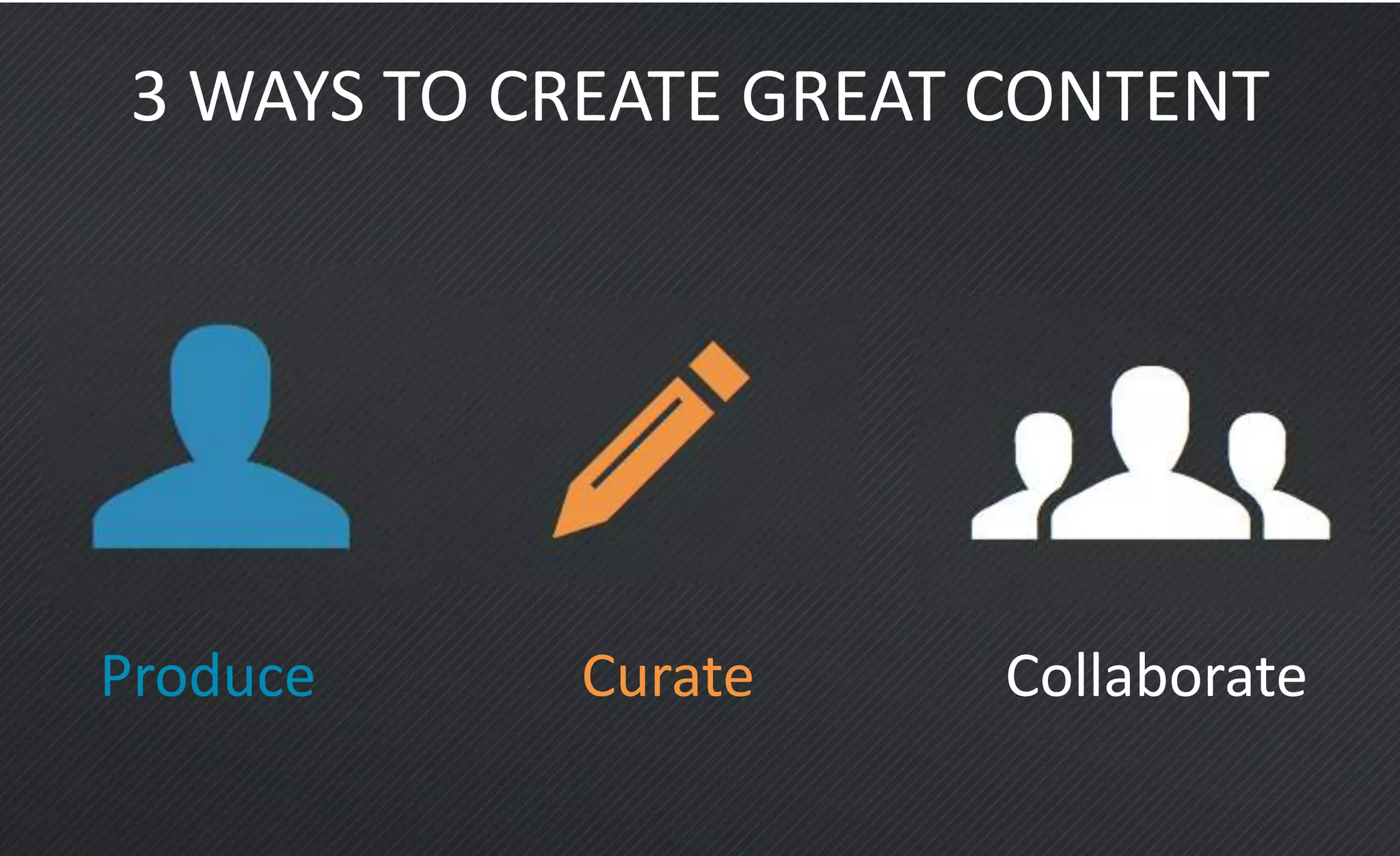 3 WAYS TO CREATE GREAT CONTENT
Produce Curate Collaborate
 