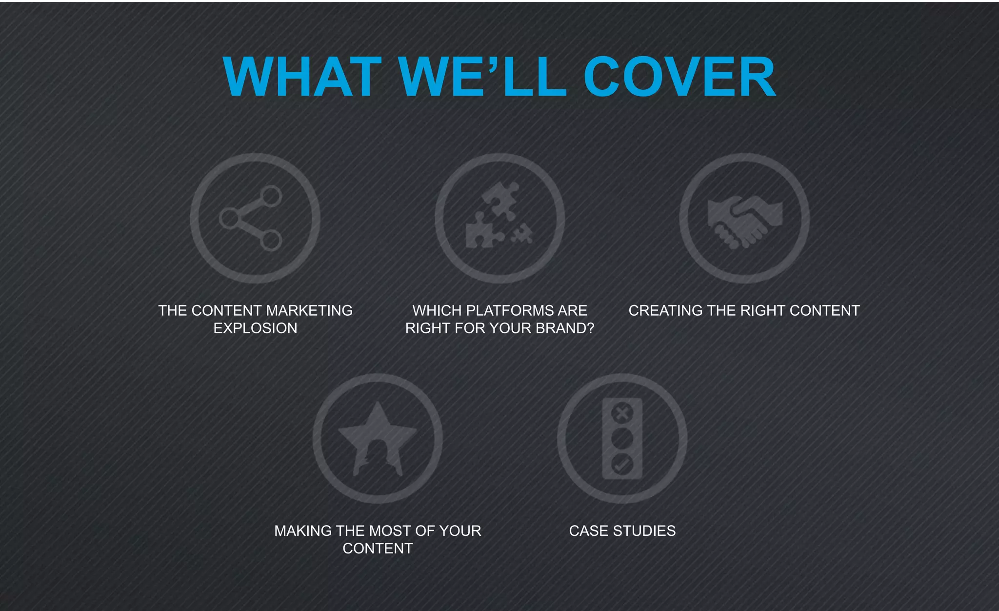 WHAT WE’LL COVER
THE CONTENT MARKETING
EXPLOSION
WHICH PLATFORMS ARE
RIGHT FOR YOUR BRAND?
CREATING THE RIGHT CONTENT
CASE STUDIESMAKING THE MOST OF YOUR
CONTENT
 