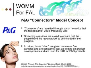 WOMM For FAL P&G “Connectors” Model Concept “ Connectors” are recruited through social networks that the target market would frequently visit Screening questions are asked to ensure that the people have the right network to be included in the program In return, those “hired” are given numerous free samples and are constantly kept up to date on product developments and are used for R&D for P&G products “ I Sold It Through The Grapevine.”  BusinessWeek . 08 July 2009 <http://www.businessweek.com/magazine/content/06_22/b3986060.htm>. 