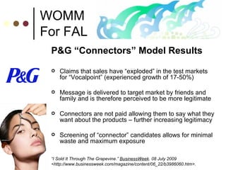 WOMM For FAL P&G “Connectors” Model Results Claims that sales have “exploded” in the test markets for “Vocalpoint” (experienced growth of 17-50%)  Message is delivered to target market by friends and family and is therefore perceived to be more legitimate Connectors are not paid allowing them to say what they want about the products – further increasing legitimacy Screening of “connector” candidates allows for minimal waste and maximum exposure “ I Sold It Through The Grapevine.”  BusinessWeek . 08 July 2009 <http://www.businessweek.com/magazine/content/06_22/b3986060.htm>. 
