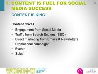 CONTENT IS KING
19
1. CONTENT IS FUEL FOR SOCIAL
MEDIA SUCCESS
Content drives:
• Engagement from Social Media
• Traffic from Search Engines (SEO)
• Direct marketing from Emails & Newsletters
• Promotional campaigns
• Events
• Sales
 
